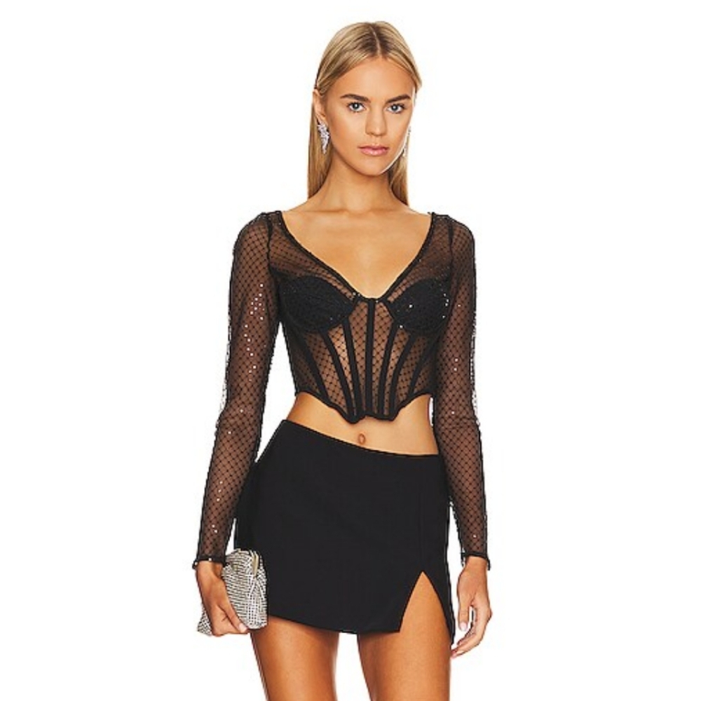Bardot X Revolve Black Sequin Semi Sheer Mesh Corset Top